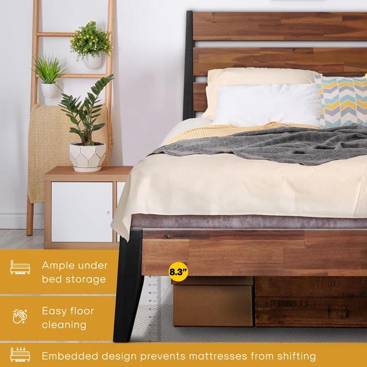 Acacia Premium Emery Solid Wood Platform Bed Frame with Headboard Included, No Box Spring Needed, Weight Capacity 800lb.