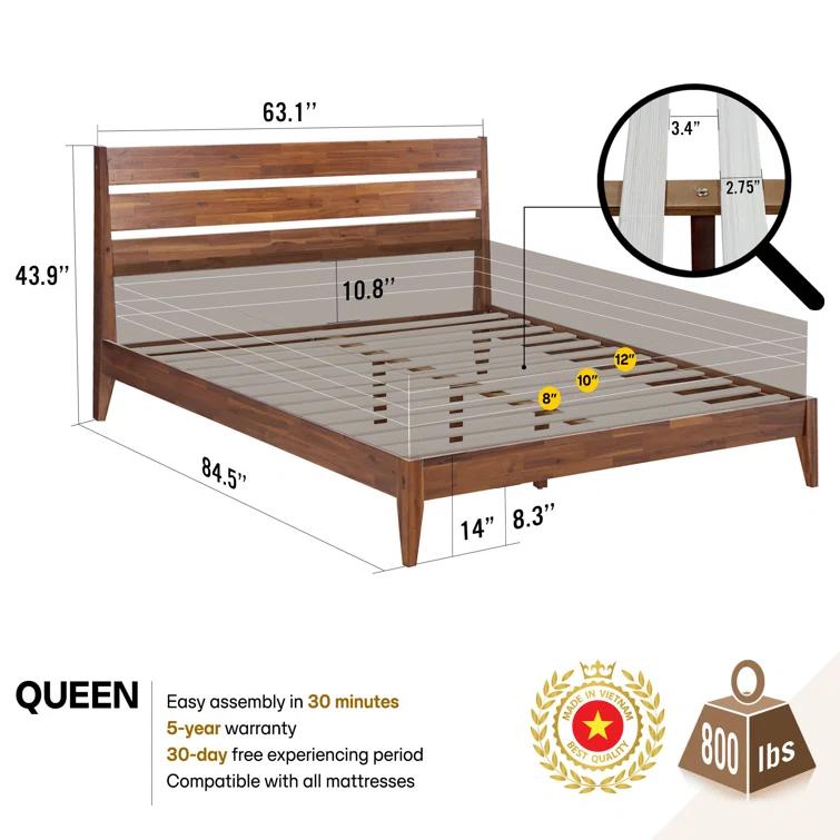 Acacia Premium Emery Solid Wood Platform Bed Frame with Headboard Included, No Box Spring Needed, Weight Capacity 800lb.