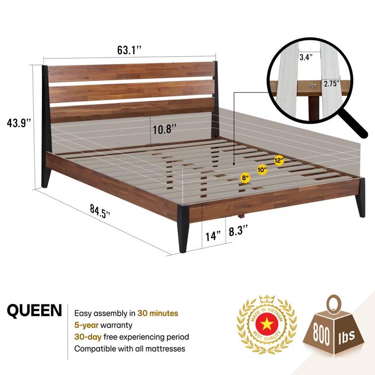 Acacia Premium Emery Solid Wood Platform Bed Frame with Headboard Included, No Box Spring Needed, Weight Capacity 800lb.