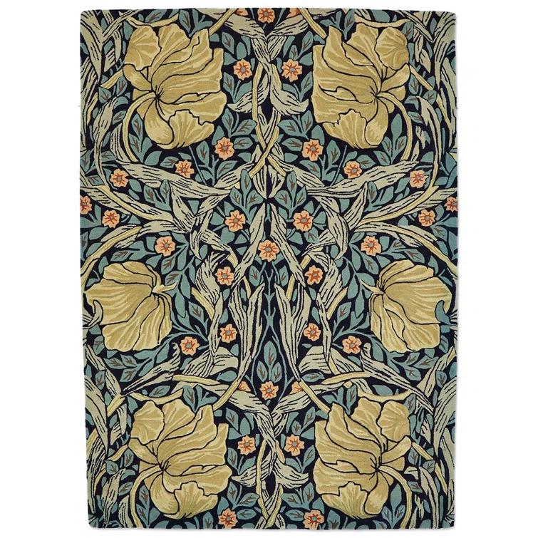 Handmade Blue Floral Wool and Viscose Rectangular Rug