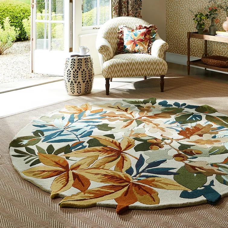 Handmade Round Floral Wool Rug with Non-slip Backing