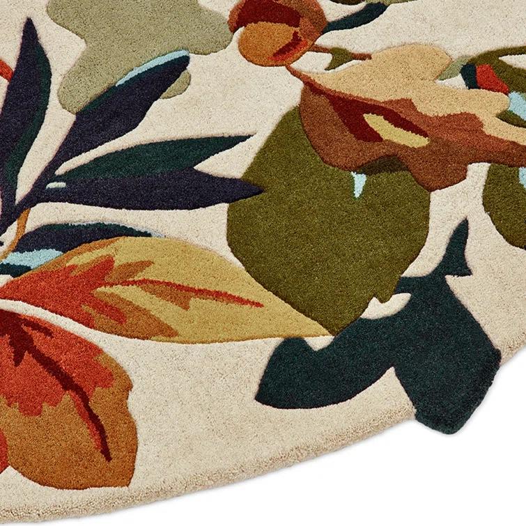 Handmade Round Floral Wool Rug with Non-slip Backing