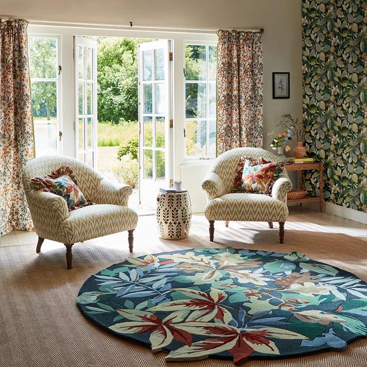 Handmade Round Blue Floral Wool Area Rug Ø 6'6"