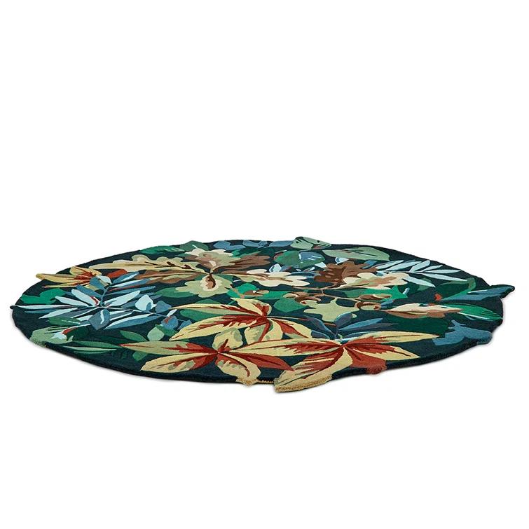 Handmade Round Blue Floral Wool Area Rug Ø 6'6"