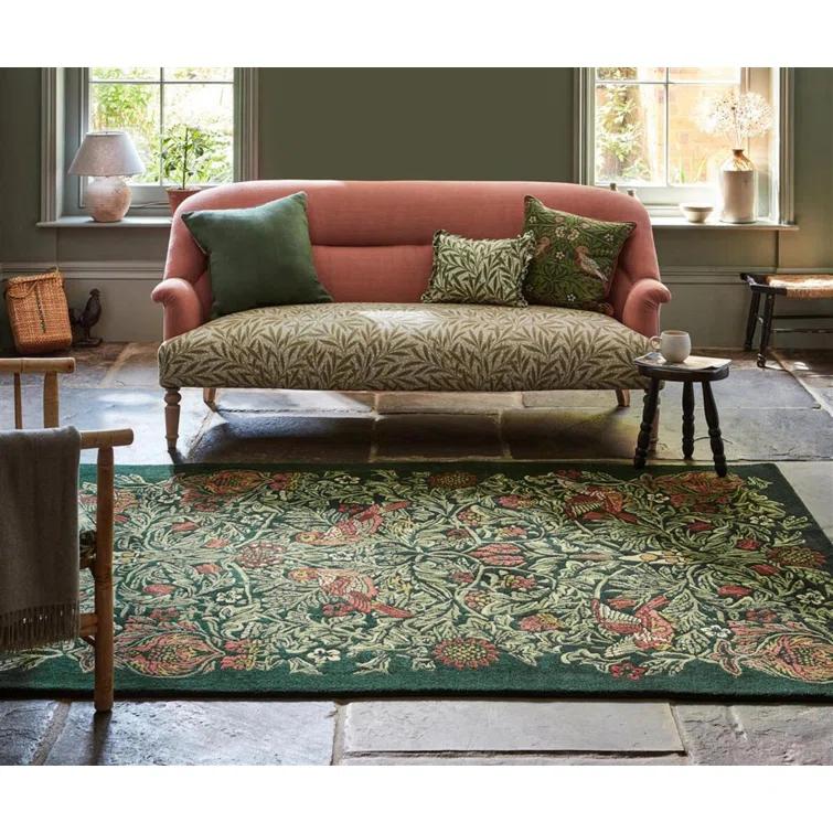 William Morris Rectangle Floral Hand Tufted Wool Area Rug in Green/Red | Perigold