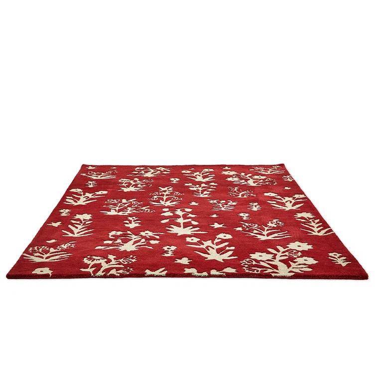 Handmade Red Floral Wool Area Rug with Cotton Backing