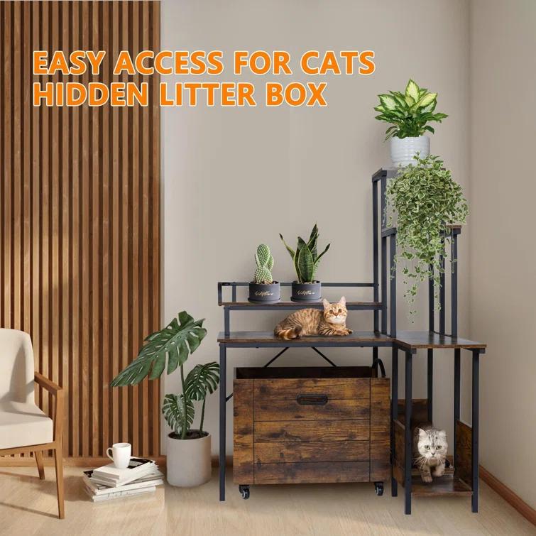 Tucker Murphy Pet™ Cat Litter Box Enclosure Furniture With Flower Stand, Corner Wooden Cat Washroom, Pullable Carring Tray, Plant Stand Hidden Litter Box Enclosure Furniture With Catch Litter, Cat House