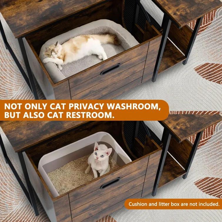 Tucker Murphy Pet™ Cat Litter Box Enclosure Furniture With Flower Stand, Corner Wooden Cat Washroom, Pullable Carring Tray, Plant Stand Hidden Litter Box Enclosure Furniture With Catch Litter, Cat House