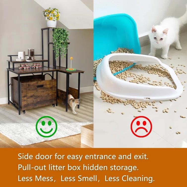 Tucker Murphy Pet™ Cat Litter Box Enclosure Furniture With Flower Stand, Corner Wooden Cat Washroom, Pullable Carring Tray, Plant Stand Hidden Litter Box Enclosure Furniture With Catch Litter, Cat House