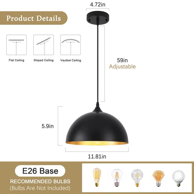 Danialah 1 - Light 11.81" Industrial Dome Single Pendant with Metal Dome Shade for Kitchen Island Dinning Room