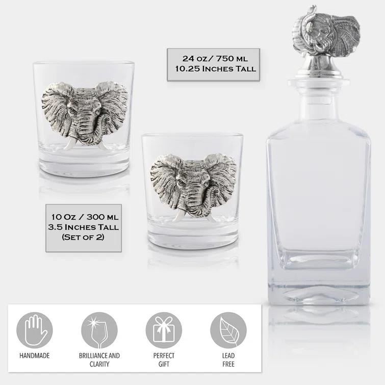 Arthur Court Designs Elephant Glass Whiskey Decanter with Pair of Double Old Fashion Glasses