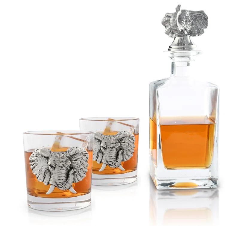 Arthur Court Designs Elephant Glass Whiskey Decanter with Pair of Double Old Fashion Glasses