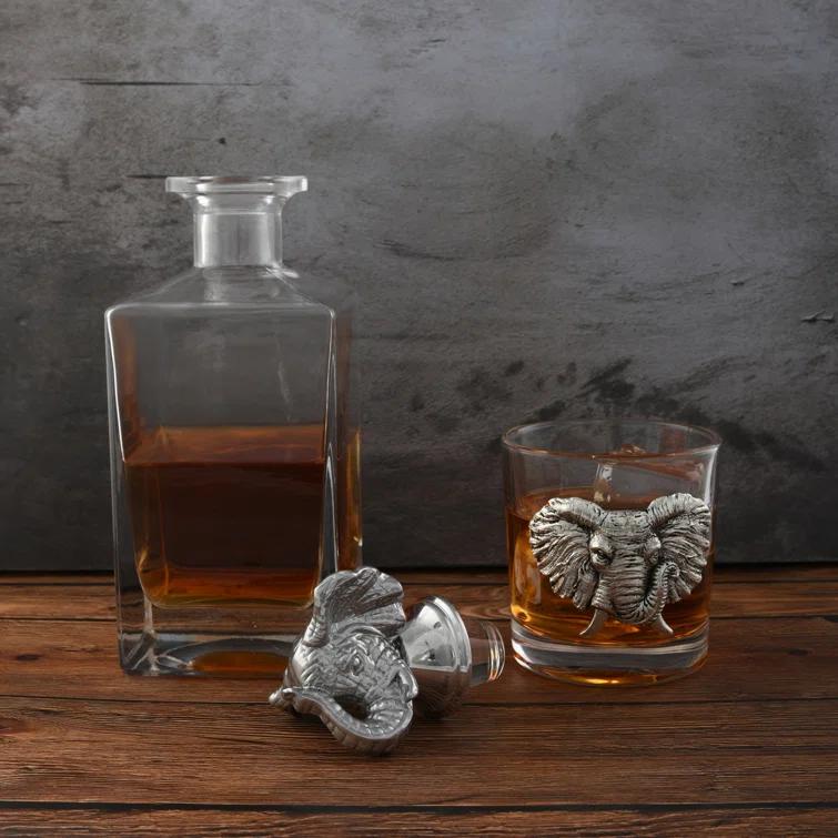 Arthur Court Designs Elephant Glass Whiskey Decanter with Pair of Double Old Fashion Glasses