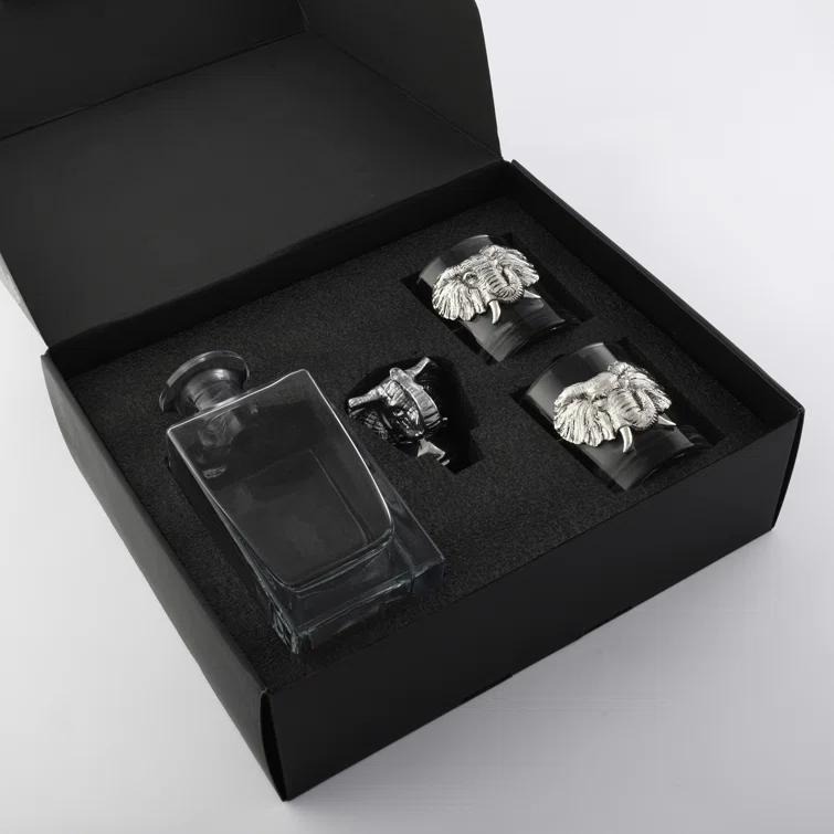 Arthur Court Designs Elephant Glass Whiskey Decanter with Pair of Double Old Fashion Glasses