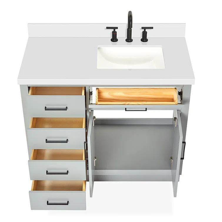 Wildon Home® Tidworth 42'' Solid Wood Single Bathroom Vanity with 1.5'' White Quartz Top, Right Offset Rectangular Sink