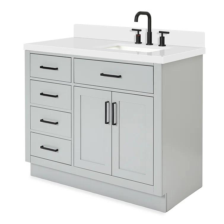 Wildon Home® Tidworth 42'' Solid Wood Single Bathroom Vanity with 1.5'' White Quartz Top, Right Offset Rectangular Sink