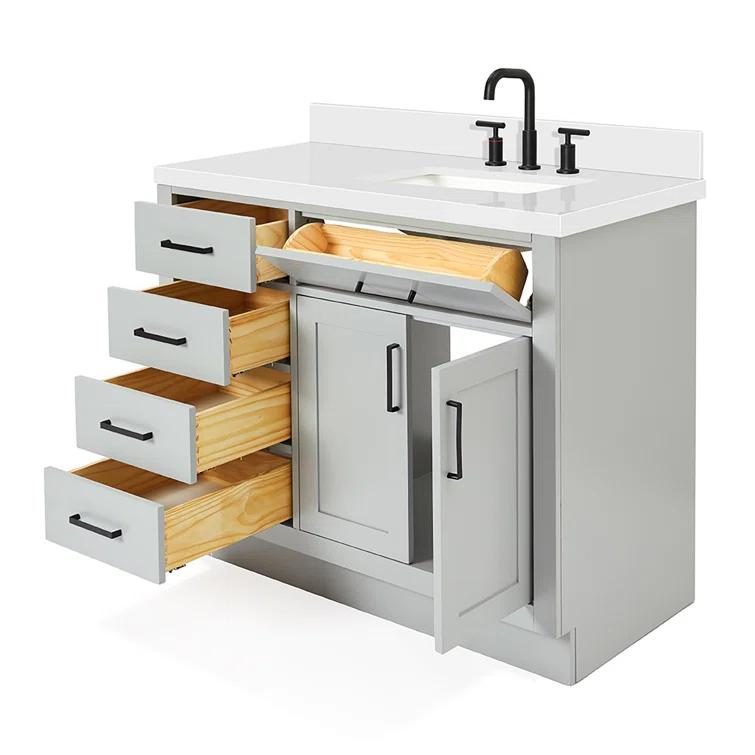 Wildon Home® Tidworth 42'' Solid Wood Single Bathroom Vanity with 1.5'' White Quartz Top, Right Offset Rectangular Sink