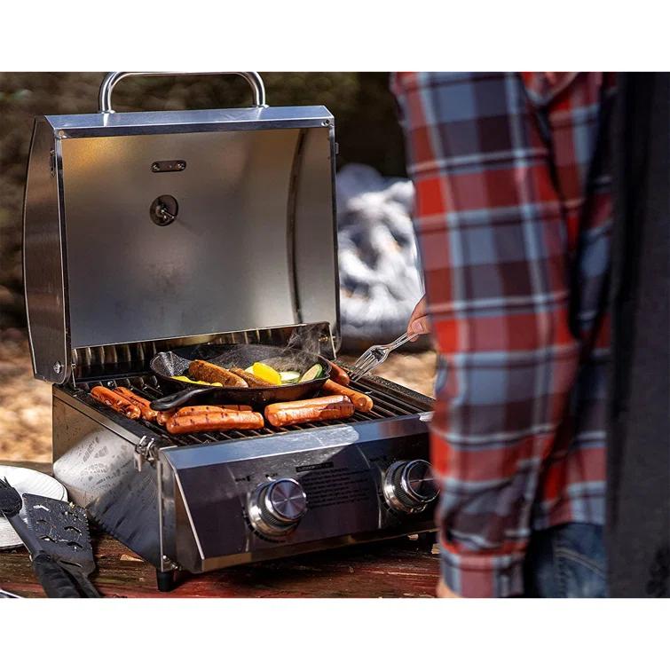 Monument Grills 13742,2-Burner Portable Stainless Steel Tabletop Propane Gas Grill with High Lid and Travel Locks, 15,000 BTU – Perfect for Family BBQs