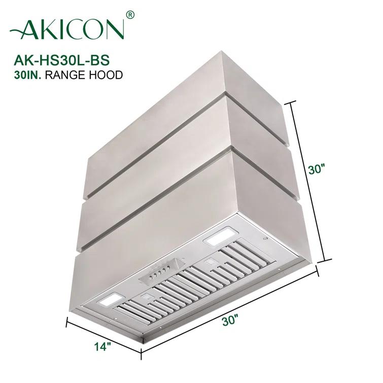 Akicon 600 CFM Wall Mount Range Hood Stainless Steel 3 Stacks Modern Box AK-HS30L-BS