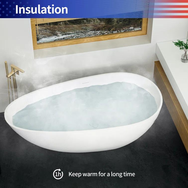 63 x 29.5 Freestanding Bathtub, Oval Shaped Stone Resin Freestanding Tubs, Solid Surface Matte White Soaking Tub with Overflow and Pop-up Drain