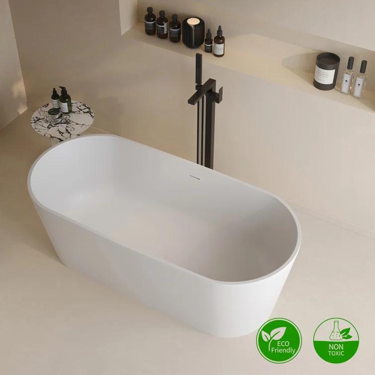 63 x 29.5 Freestanding Bathtub, Oval Shaped Stone Resin Freestanding Tubs, Solid Surface Matte White Soaking Tub with Overflow and Pop-up Drain