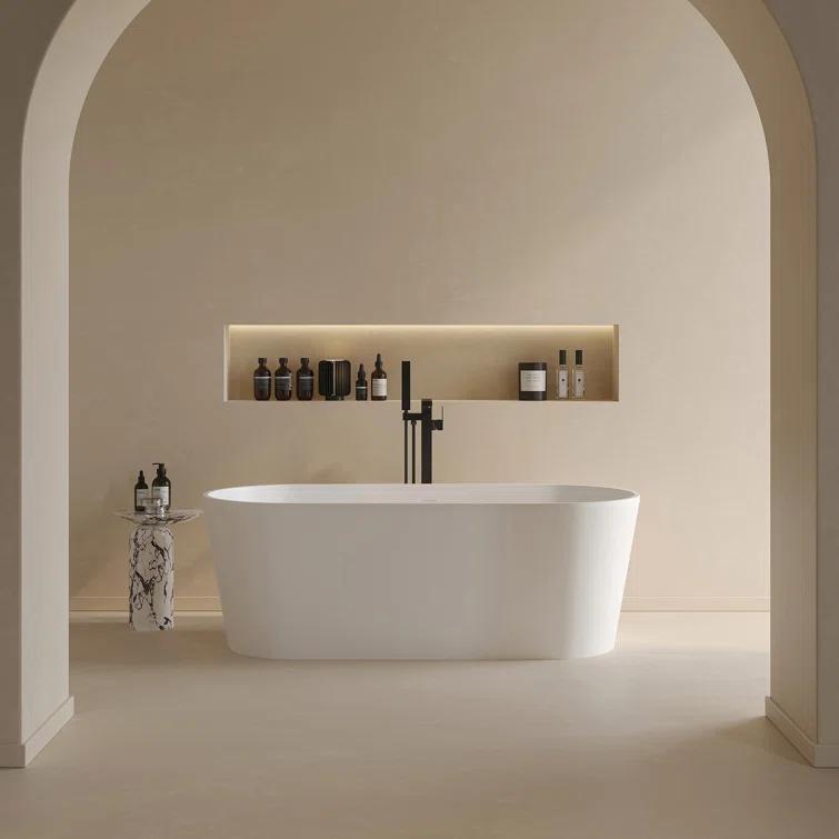63 x 29.5 Freestanding Bathtub, Oval Shaped Stone Resin Freestanding Tubs, Solid Surface Matte White Soaking Tub with Overflow and Pop-up Drain