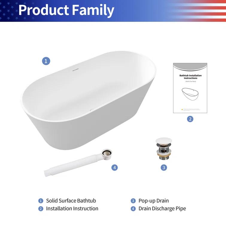 63 x 29.5 Freestanding Bathtub, Oval Shaped Stone Resin Freestanding Tubs, Solid Surface Matte White Soaking Tub with Overflow and Pop-up Drain