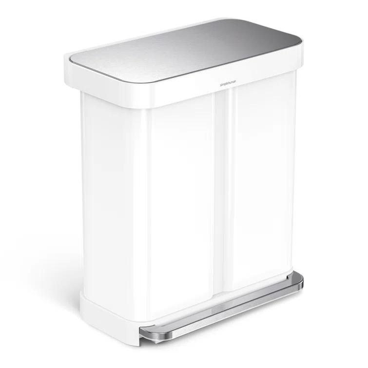 Simplehuman 58 Liter Recycling Kitchen Trash Can with Liner Pocket, White Steel