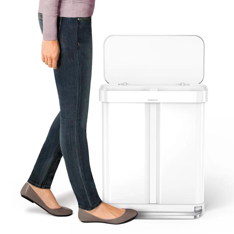 Simplehuman 58 Liter Recycling Kitchen Trash Can with Liner Pocket, White Steel