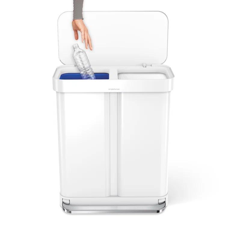 Simplehuman 58 Liter Recycling Kitchen Trash Can with Liner Pocket, White Steel
