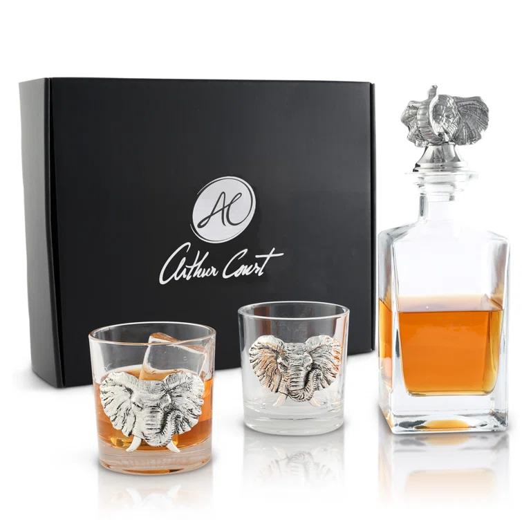 Arthur Court Designs Elephant Glass Whiskey Decanter with Pair of Double Old Fashion Glasses