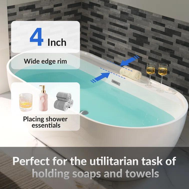 72'' x 35.375'' Freestanding Acrylic Double Ended Bathtub with Wide Rim