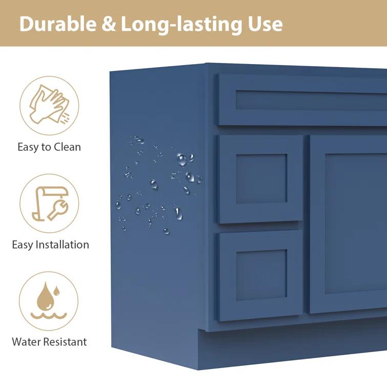 Vanity Art 36 Inch Single Shutter Door Bathroom Vanity Base Cabinet with 2 Functioning Shaker Drawers, Strudy Floor Mount Storage Cabinet Organizer for Bedroom, Living Room, Kitchen, VA4036-2LBLUE