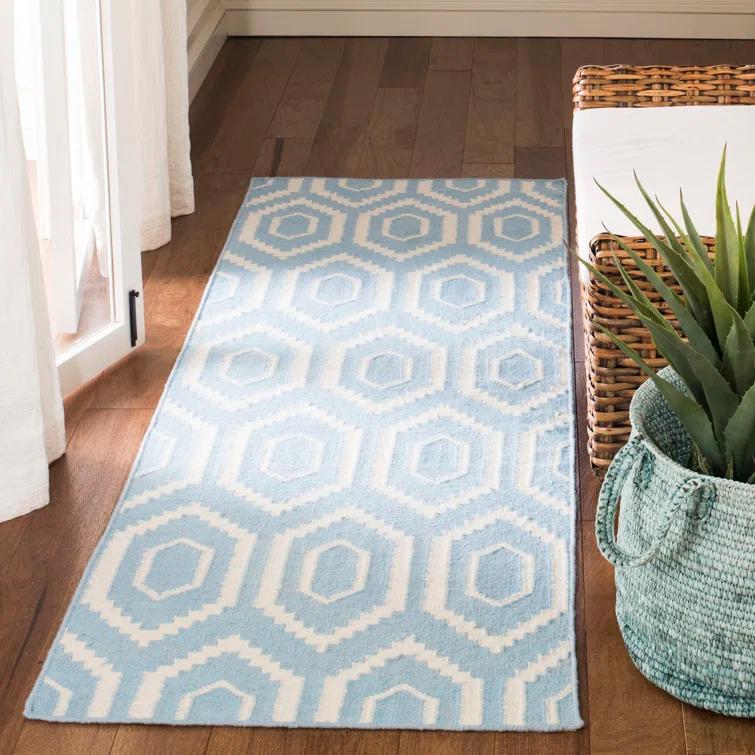 Dhurries Hand Woven Flat Weave Wool/Cotton Geometric Rug in Ivory/Blue