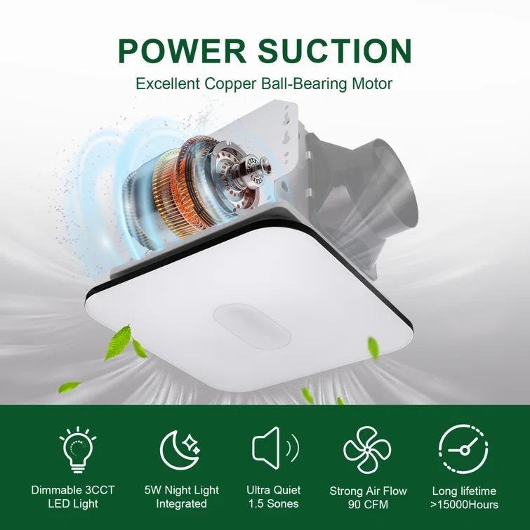 90 CFM Energy Star Bathroom Ventilation with Lighting Square Exhaust Night Light Fan Bathroom Fan