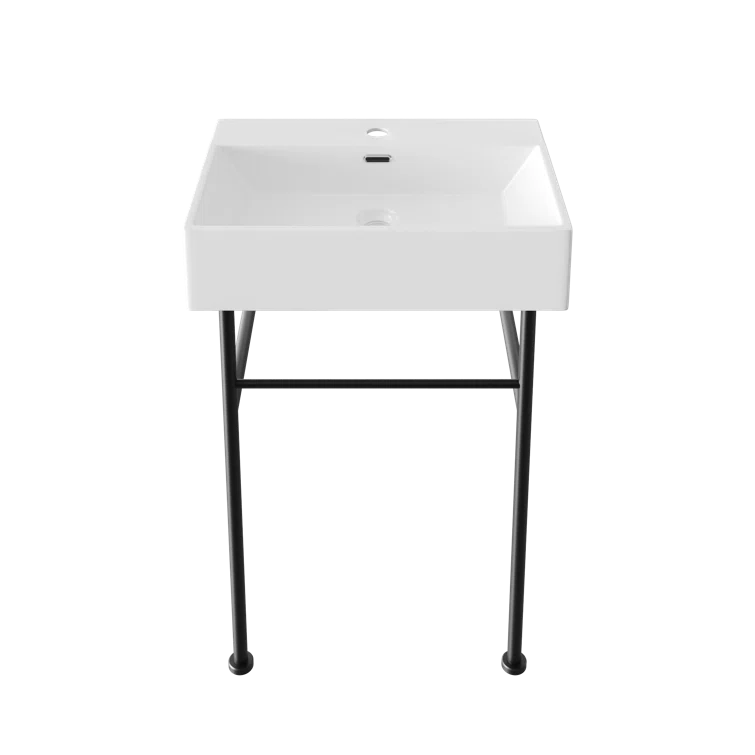 Ceramic White Rectangular Single Faucet Hole 24 in Console Bathroom Sink with Overflow