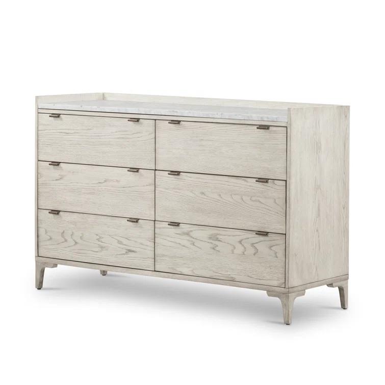 Elegant Vintage White Oak and Italian Marble 6-Drawer Dresser