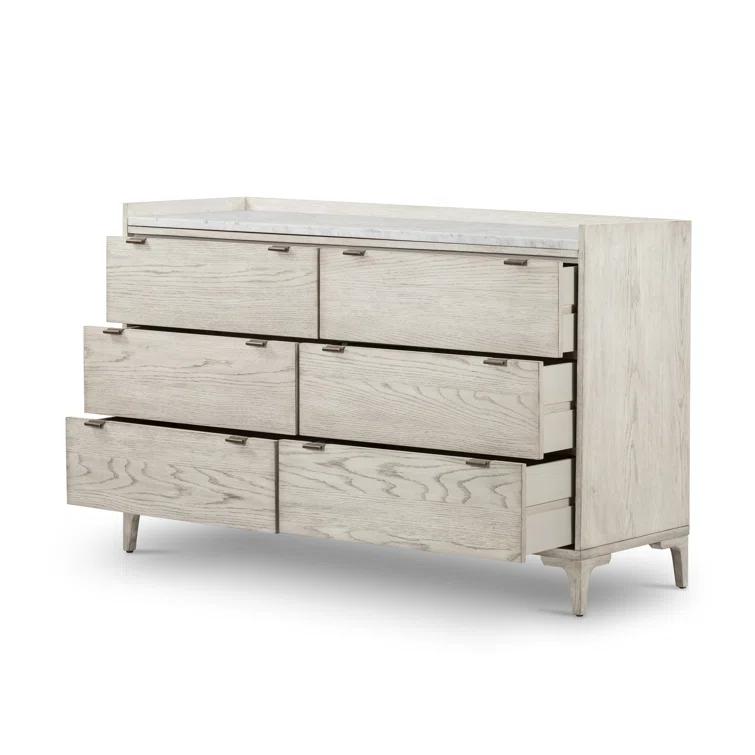 Elegant Vintage White Oak and Italian Marble 6-Drawer Dresser