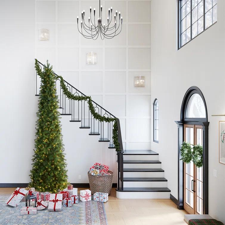 12' Prelit Pencil Slim Feel Real Downswept Douglas Fir Artificial Christmas Tree Dual Color Lights - National Tree Company