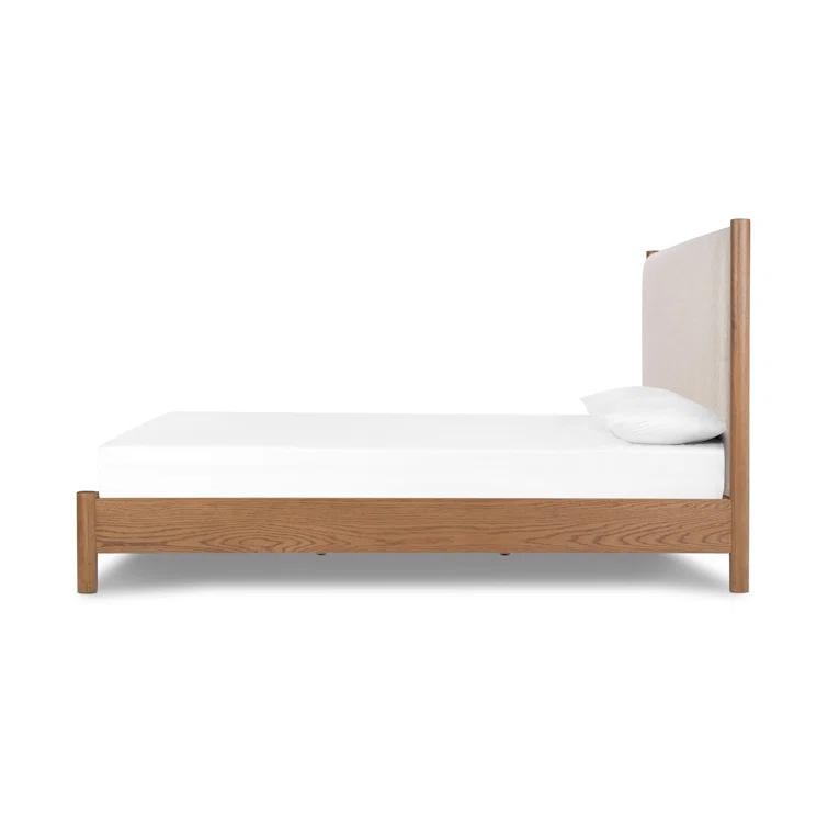 Queen Oak Upholstered Headboard Bed with Slats