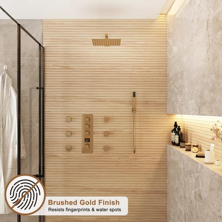 CASAINC KCHS0017-12BG 12 Inch Rainfall Thermostatic Shower System with Body Spray and Temperature Display