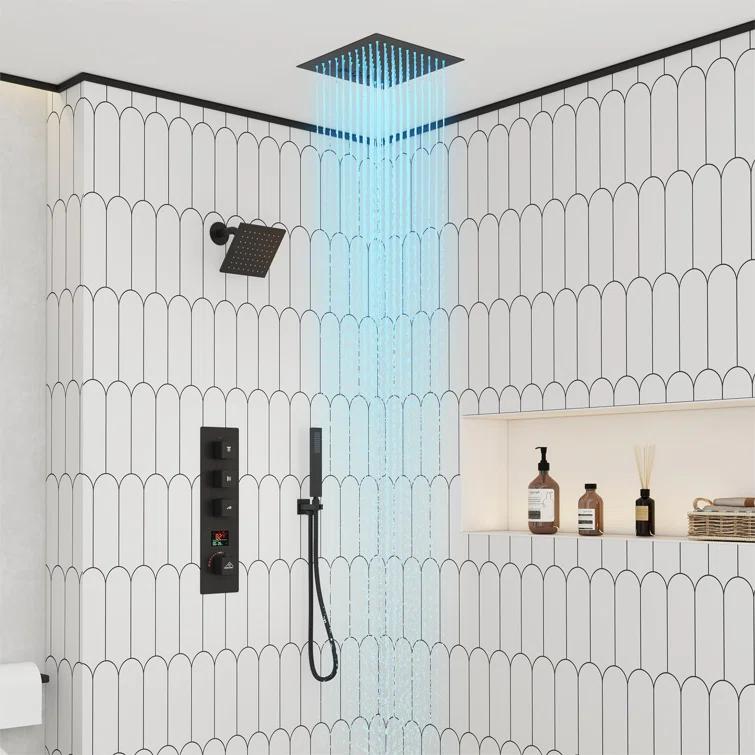 3 Functions 12 Inch Ceiling Mounted Thermostatic Shower System with 6 Body Jets