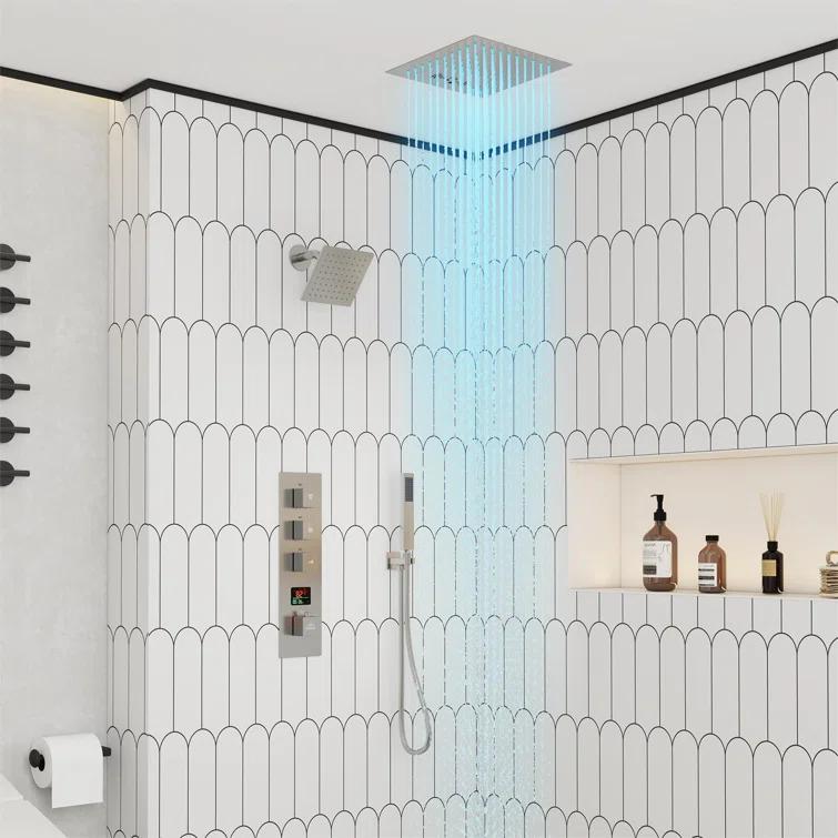 Rainfall Symphony 12" Flush Mount Rainfall Temperature Display Thermostatic Shower System with 64 Color LED and Music