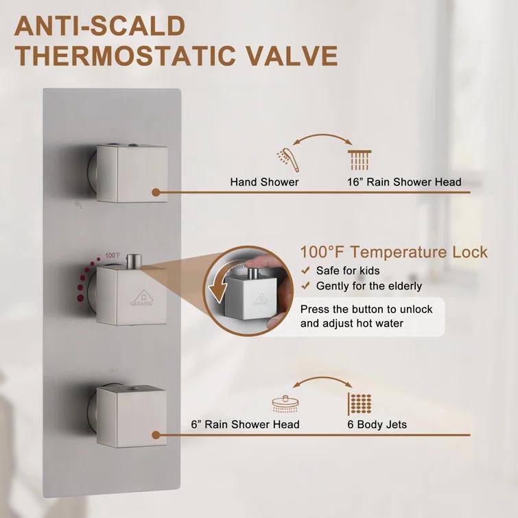 Rainfall Symphony 16inch Dual Shower Head Rainfall Thermostatic Shower System with 16-inch Slide Bar and Body spray