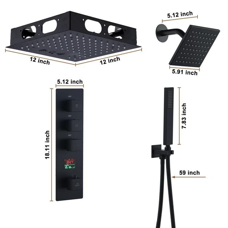 3 Functions 12 Inch Ceiling Mounted Thermostatic Shower System with 6 Body Jets