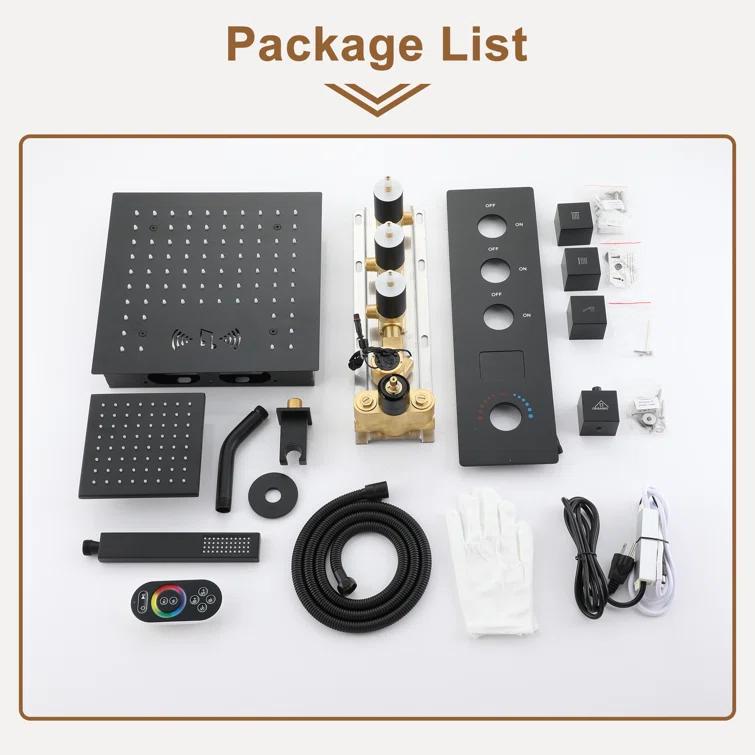 3 Functions 12 Inch Ceiling Mounted Thermostatic Shower System with 6 Body Jets