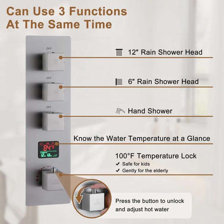 Rainfall Symphony 12" Flush Mount Rainfall Temperature Display Thermostatic Shower System with 64 Color LED and Music