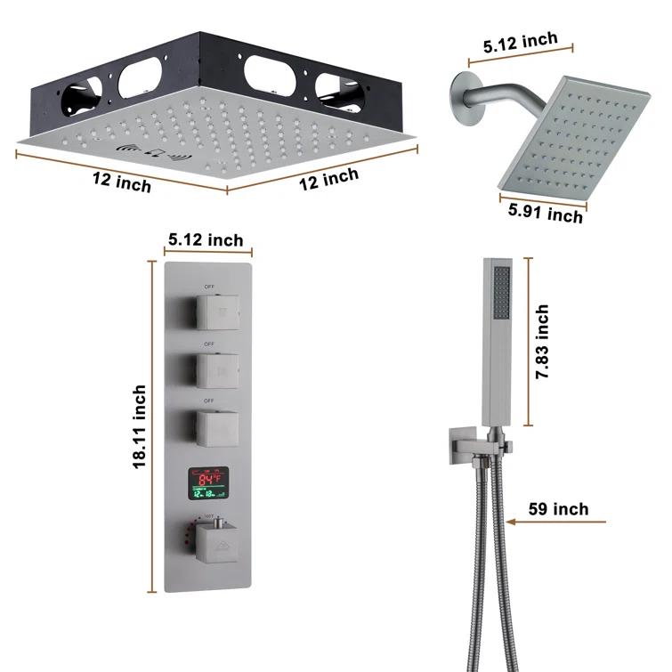 Rainfall Symphony 12" Flush Mount Rainfall Temperature Display Thermostatic Shower System with 64 Color LED and Music