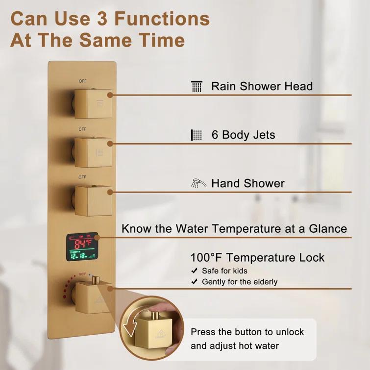 CASAINC KCHS0017-12BG 12 Inch Rainfall Thermostatic Shower System with Body Spray and Temperature Display