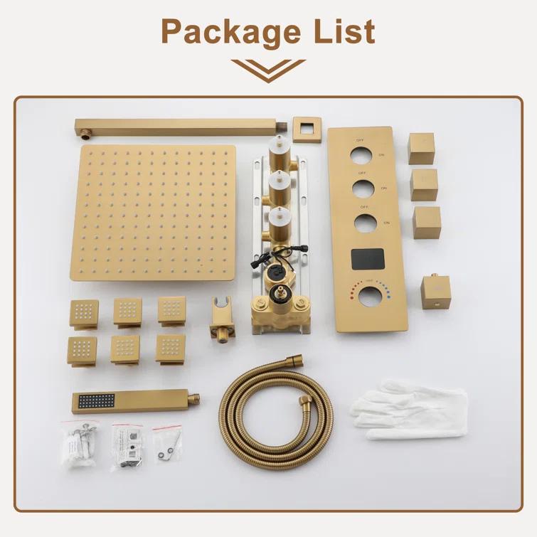 CASAINC KCHS0017-12BG 12 Inch Rainfall Thermostatic Shower System with Body Spray and Temperature Display